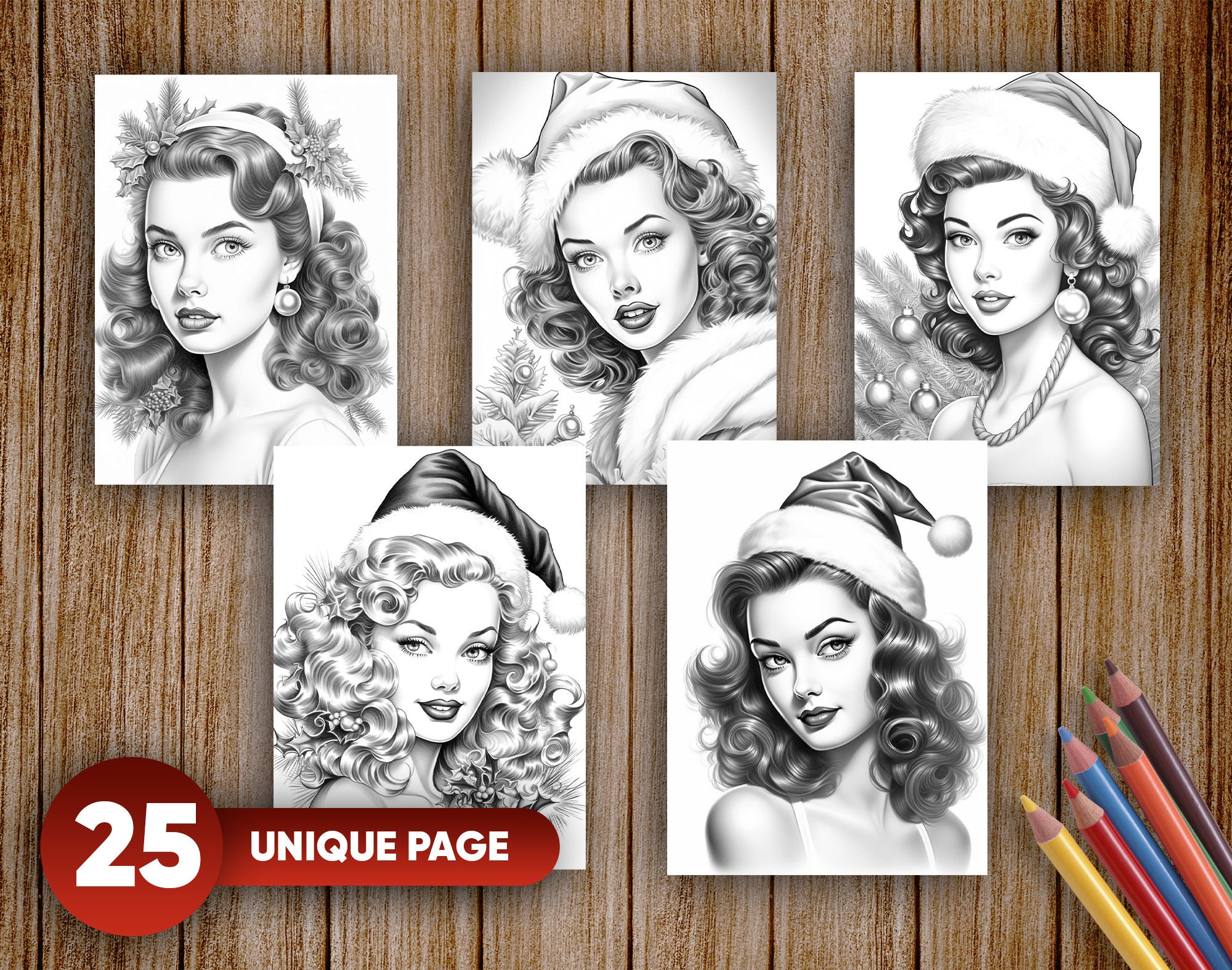 25 Christmas Vintage Girls | Christmas Pinup Girls Grayscale Coloring ...