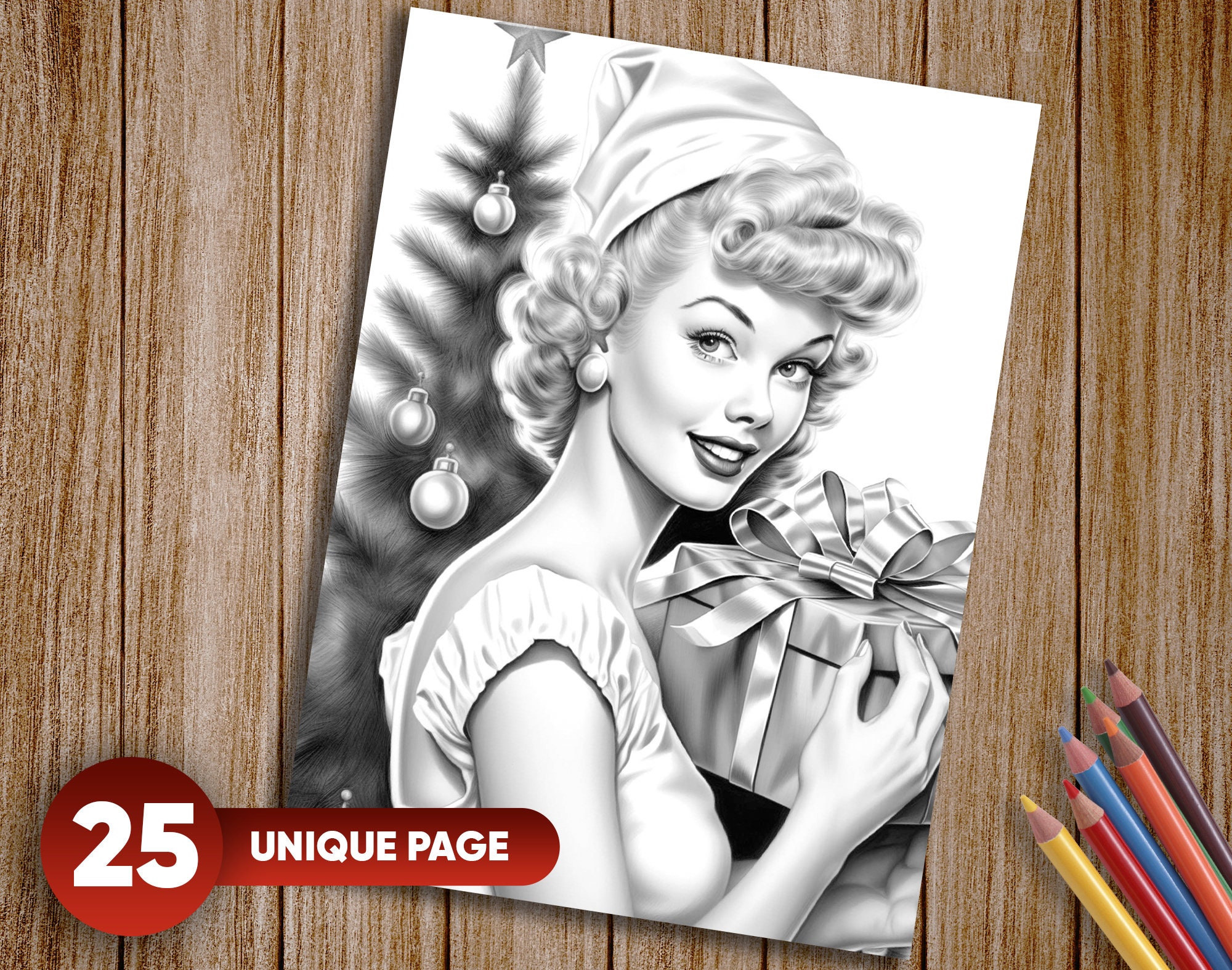 25 Christmas Vintage Girls | Christmas Pinup Girls Grayscale Coloring ...